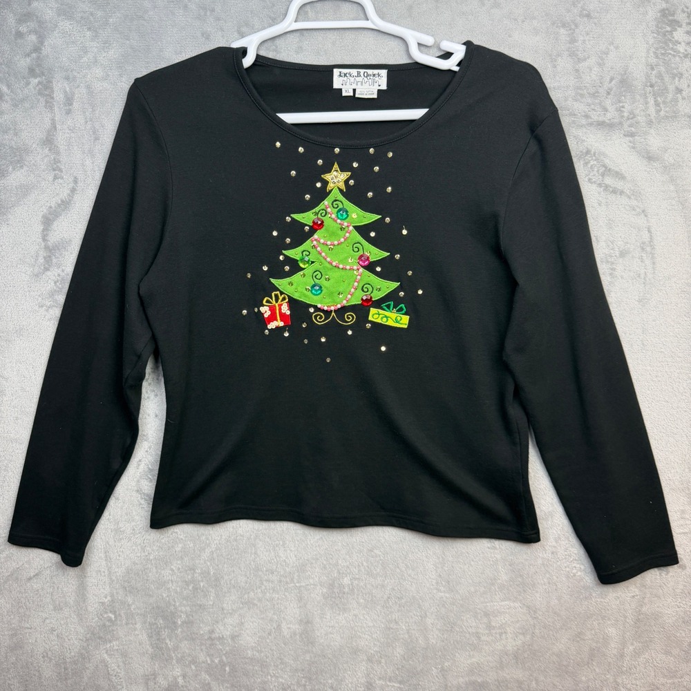 Jack B Quick Top Women XL Black Christmas Tree Sequin Holiday Embellishments